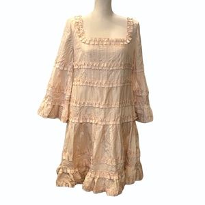 BLUMARINE PINK/PEACH SILK DRESS WITH FLOWERS, RUFFLES & PLEATS SIZE USA 8